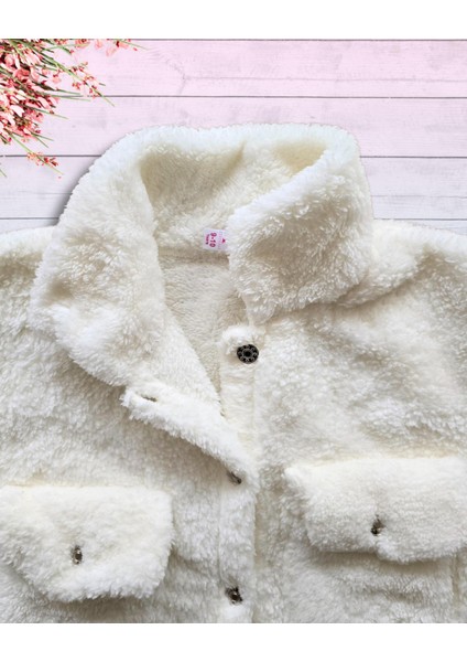 Düğmeli Dik Yaka Peluş Polar Baskılı Kız Çocuk Mont (Beyaz) fırsatları