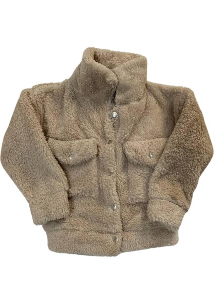 Düğmeli Dik Yaka Peluş Polar Baskılı Kız Çocuk Mont (Taba)