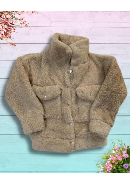 Düğmeli Dik Yaka Peluş Polar Baskılı Kız Çocuk Mont (Taba) fiyatları