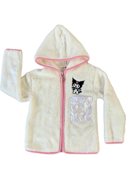 Fermuarlı Kapüşonlu Peluş Polar Baskılı Kız Çocuk Mont (Beyaz)