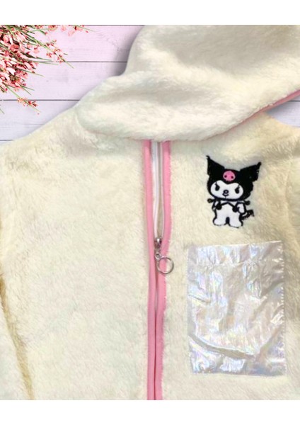 Fermuarlı Kapüşonlu Peluş Polar Baskılı Kız Çocuk Mont (Beyaz) fiyatları