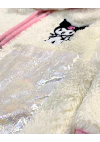 Fermuarlı Kapüşonlu Peluş Polar Baskılı Kız Çocuk Mont (Beyaz) fırsatları