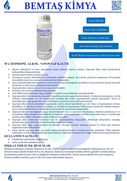 Ipa Alkol Saf Yapı İzo Propil Alkolpropanol İpa Izopropilalkol %99,90