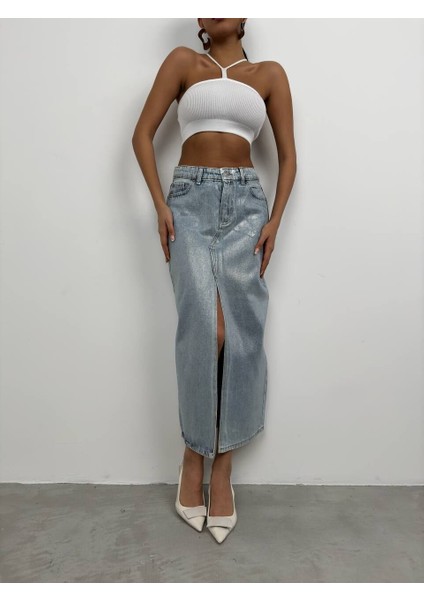 Varak Baskılı Yırtmaçlı Maxi Denim 36