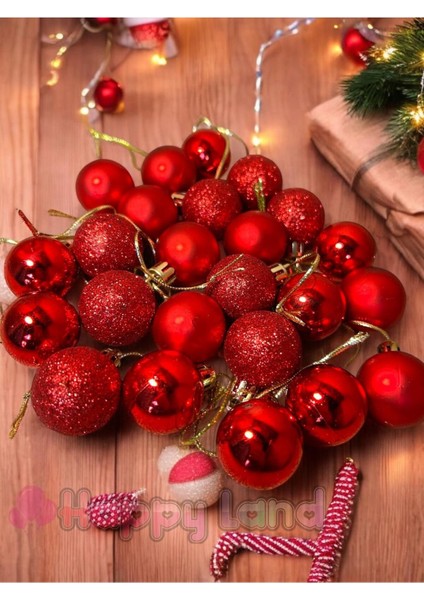 Yılbaşı Çam Ağacı Süsü 24 Adet 3 cm Kırmızı Renk Yılbaşı Topu Seti Yılbaşı Topları