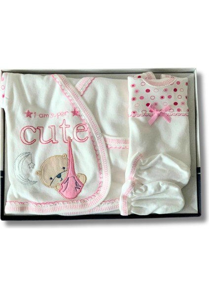 Organik 5 Parça Cute Ayıcık Nakışlı Yenidoğan Hastane Çıkışı Seti (Pembe) modelleri