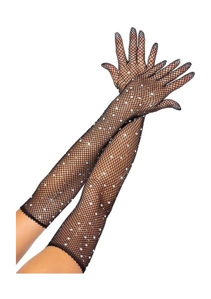 Siyah İncili Elmas File Örgü Uzun Eldiven