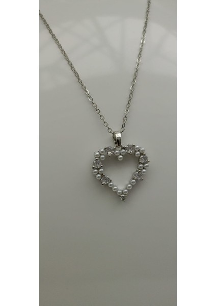 1.sınıf Çelik Silver Kararma Yapmaz Inci Taşlı Kalp Kolye