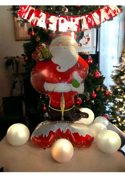 Yılbaşı Ayaklı Noel Baba Balonu Büyük Boy Yılbaşı Süsleri Noel Baba Şekilli Balon 100 cm