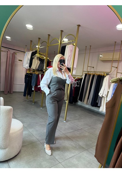 Poplin Detaylı Gömlek ve Kemerli Pantolon Gri Takım