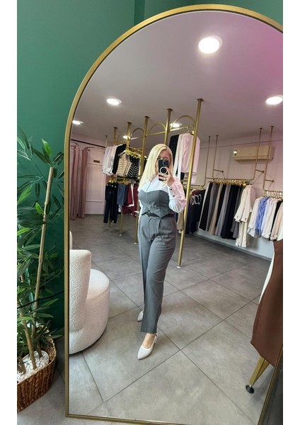 Poplin Detaylı Gömlek ve Kemerli Pantolon Gri Takım