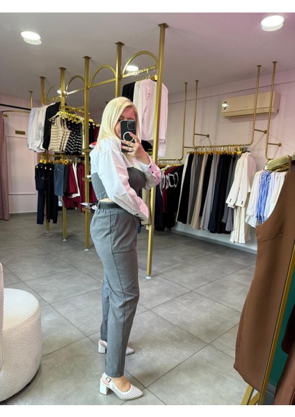 Poplin Detaylı Gömlek ve Kemerli Pantolon Gri Takım