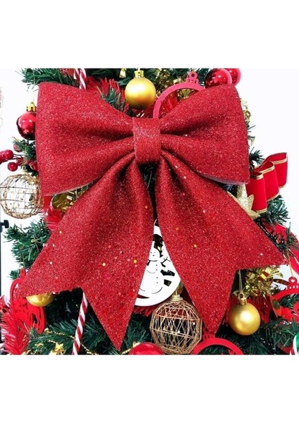 -Butık Kırmızı Simli Büyük Boy Yılbaşı Ağacı Simli Kurdele Süsü dekor Ağaç Kapı Süsü 25X25 Fiyonk