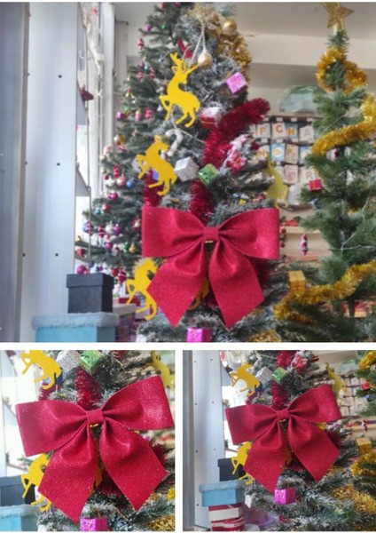 -Butık Kırmızı Simli Büyük Boy Yılbaşı Ağacı Simli Kurdele Süsü dekor Ağaç Kapı Süsü 25X25 Fiyonk fiyatları