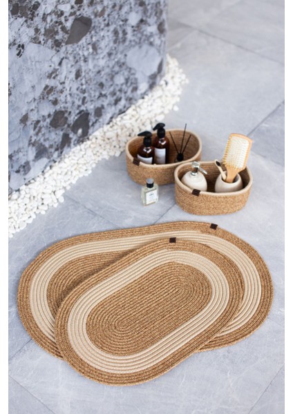 Hasır 4 Parça Banyo Takımı | Oval Sepet, Paspas ve Dekor Seti|haki