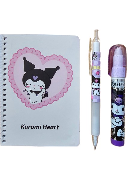 Kuromi 50 Yaprak A6 Not Defteri + 07 Uçlu Versatil Kalem + Yumurtlayan Roket Silgi ( 3 lü Set ) Kromi