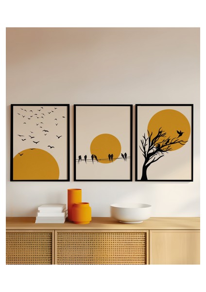 Doğal Ahşap Çerçeveli Ağaç Kuş Güneş Desenli 3'lü Minimalist Tablo
