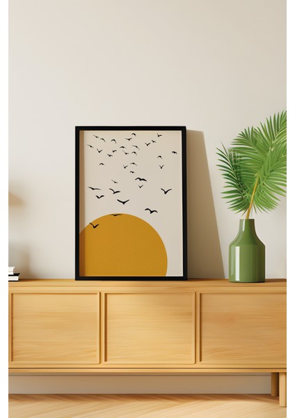 Doğal Ahşap Çerçeveli Ağaç Kuş Güneş Desenli 3'lü Minimalist Tablo fiyatları