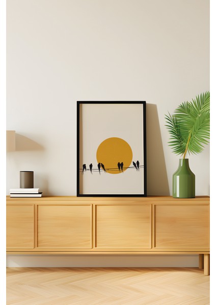 Doğal Ahşap Çerçeveli Ağaç Kuş Güneş Desenli 3'lü Minimalist Tablo modelleri