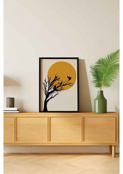 Doğal Ahşap Çerçeveli Ağaç Kuş Güneş Desenli 3'lü Minimalist Tablo fırsatları