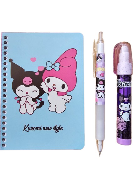 Kuromi 50 Yaprak A6 Not Defteri + 07 Uçlu Versatil Kalem + Yumurtlayan Roket Silgi ( 3 lü Set ) Kromi