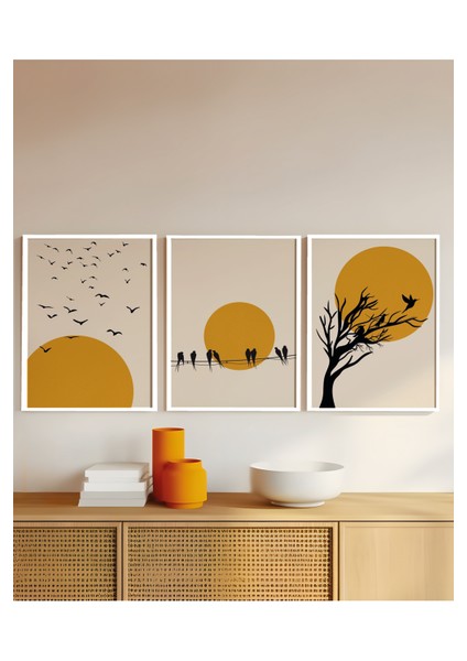 Doğal Ahşap Çerçeveli Ağaç Kuş Güneş Desenli 3'lü Minimalist Tablo