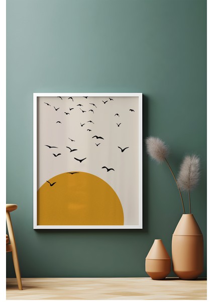 Doğal Ahşap Çerçeveli Ağaç Kuş Güneş Desenli 3'lü Minimalist Tablo fiyatları