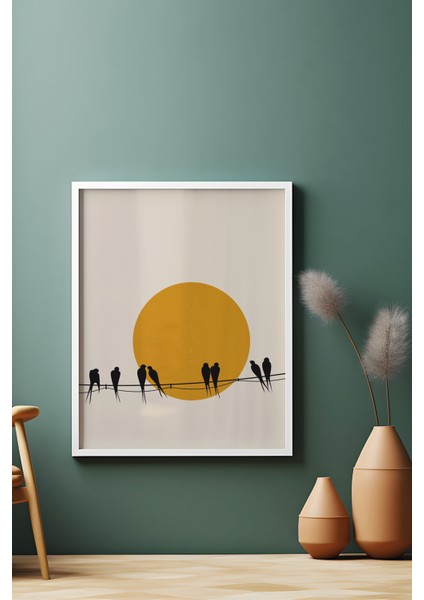 Doğal Ahşap Çerçeveli Ağaç Kuş Güneş Desenli 3'lü Minimalist Tablo modelleri