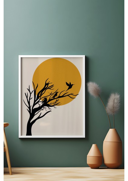 Doğal Ahşap Çerçeveli Ağaç Kuş Güneş Desenli 3'lü Minimalist Tablo fırsatları