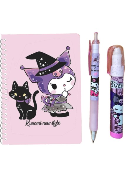 Kuromi 50 Yaprak A6 Not Defteri + 07 Uçlu Versatil Kalem + Yumurtlayan Roket Silgi ( 3 lü Set ) Kromi