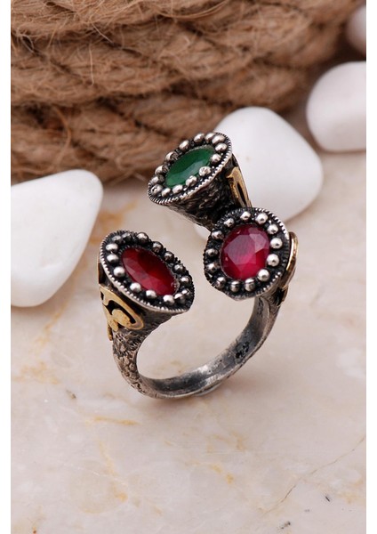 Kök Zümrüt ve Kök Yakut Taşlı Elişi Gümüş Yüzük 229