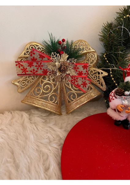 Yılbaşı Gold Fiyonk Kapı ve Ağaç Süsü Plastik 28X23 cm Noel Christmas Yeniyıl Çan Altın
