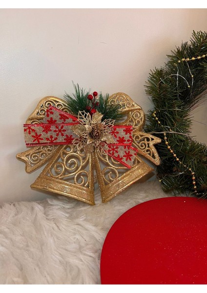 Yılbaşı Gold Fiyonk Kapı ve Ağaç Süsü Plastik 28X23 cm Noel Christmas Yeniyıl Çan Altın