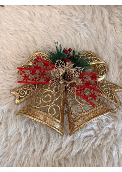Yılbaşı Gold Fiyonk Kapı ve Ağaç Süsü Plastik 28X23 cm Noel Christmas Yeniyıl Çan Altın