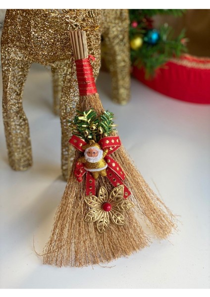 Yeni Yıl Yılbaşı Özel Tasarım Lüks Çam Ağacı Duvar Dekorasyon Süpürge Süs Noel Baba 30 cm