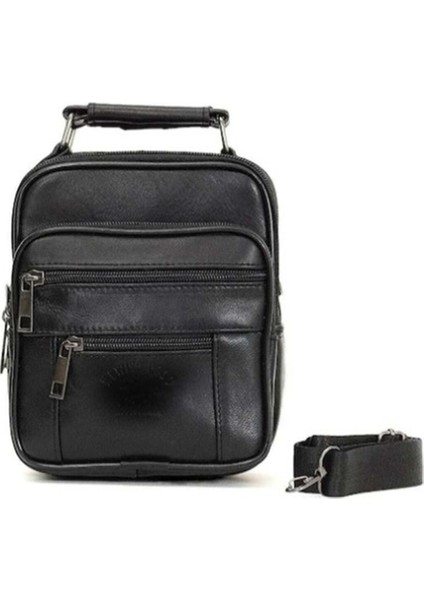 S02261 Erkek Deri Dikey Kasalı Boy El ve Omuz Askılı Çanta - Siyah - Büyük Boy