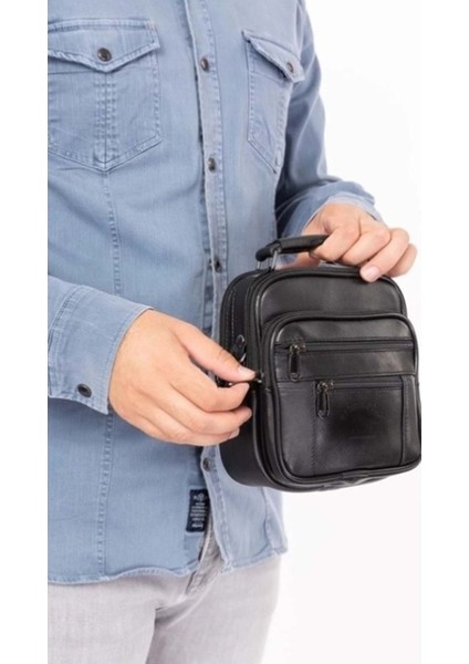 S02261 Erkek Deri Dikey Kasalı Boy El ve Omuz Askılı Çanta - Siyah - Büyük Boy modelleri