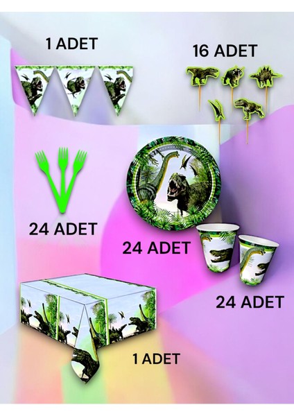 24 Kişilik Jurassic Temalı Premium Set - Doğum Günü Parti ve Eğlenceli Etkinlikler