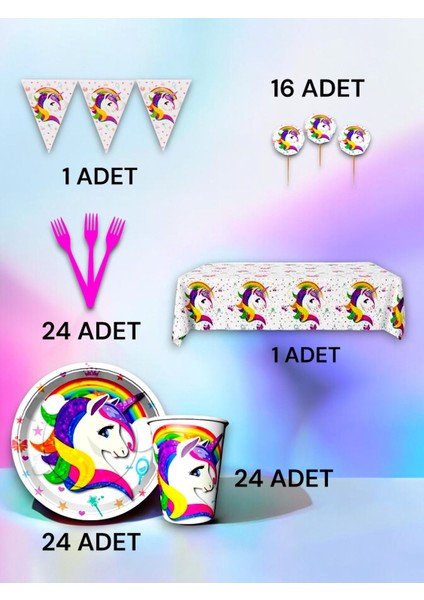 24 Kişilik Unicorn Temalı Premium Set - Doğum Günü Parti ve Eğlenceli Etkinlikler