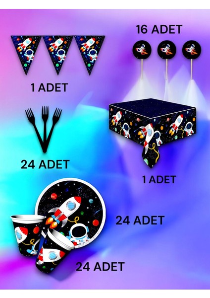 24 Kişilik Uzay Temalı Premium Set - Doğum Günü Parti ve Eğlenceli Etkinlikler