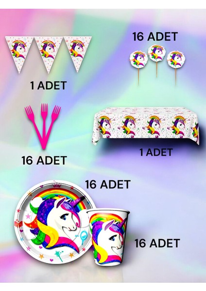 16 Kişilik Unicorn Temalı Premium Set - Doğum Günü Parti ve Eğlenceli Etkinlikler
