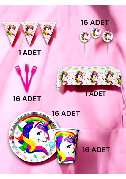 16 Kişilik Unicorn Temalı Premium Set - Doğum Günü Parti ve Eğlenceli Etkinlikler fiyatları