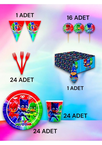 24 Kişilik Pijamask Temalı Premium Set - Doğum Günü Parti ve Eğlenceli Etkinlikler