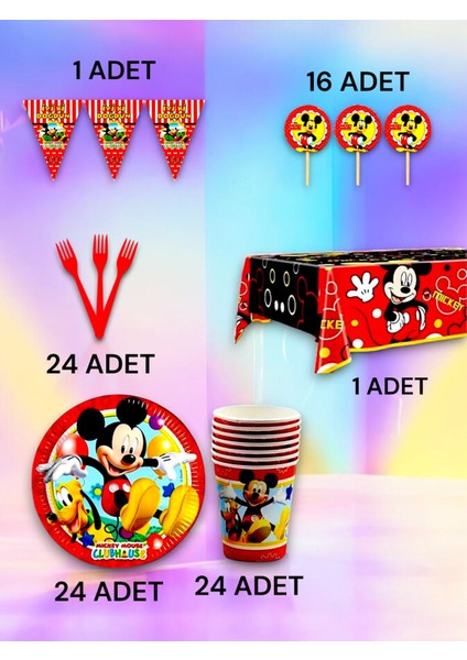 24 Kişilik Mickey Mouse Temalı Premium Set - Doğum Günü Parti ve Eğlenceli Etkinlikler