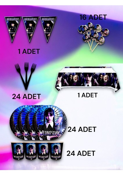 24 Kişilik Wednesday Temalı Premium Set - Doğum Günü Parti ve Eğlenceli Etkinlikler