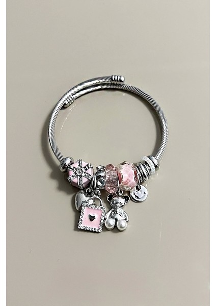 Çelik Renk Atmaz Ayıcık ve Kalp Pandora Bileklik