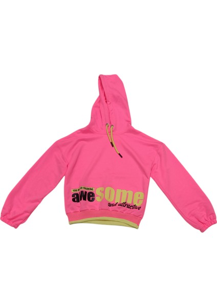 Kız Çocuk Awesome Yazı Desenli Crop Model Kapüşonlu Fosfor Pembe Renk Sweatshirt