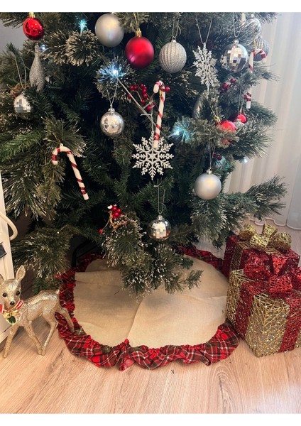Yılbaşı 65 cm Noel Ağacı Örtüsü Keten Ekoseli Fırfırlı Etek Christmas Newyear fiyatları