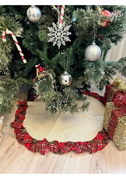 Yılbaşı 65 cm Noel Ağacı Örtüsü Keten Ekoseli Fırfırlı Etek Christmas Newyear modelleri