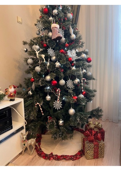 Yılbaşı 65 cm Noel Ağacı Örtüsü Keten Ekoseli Fırfırlı Etek Christmas Newyear indirimleri